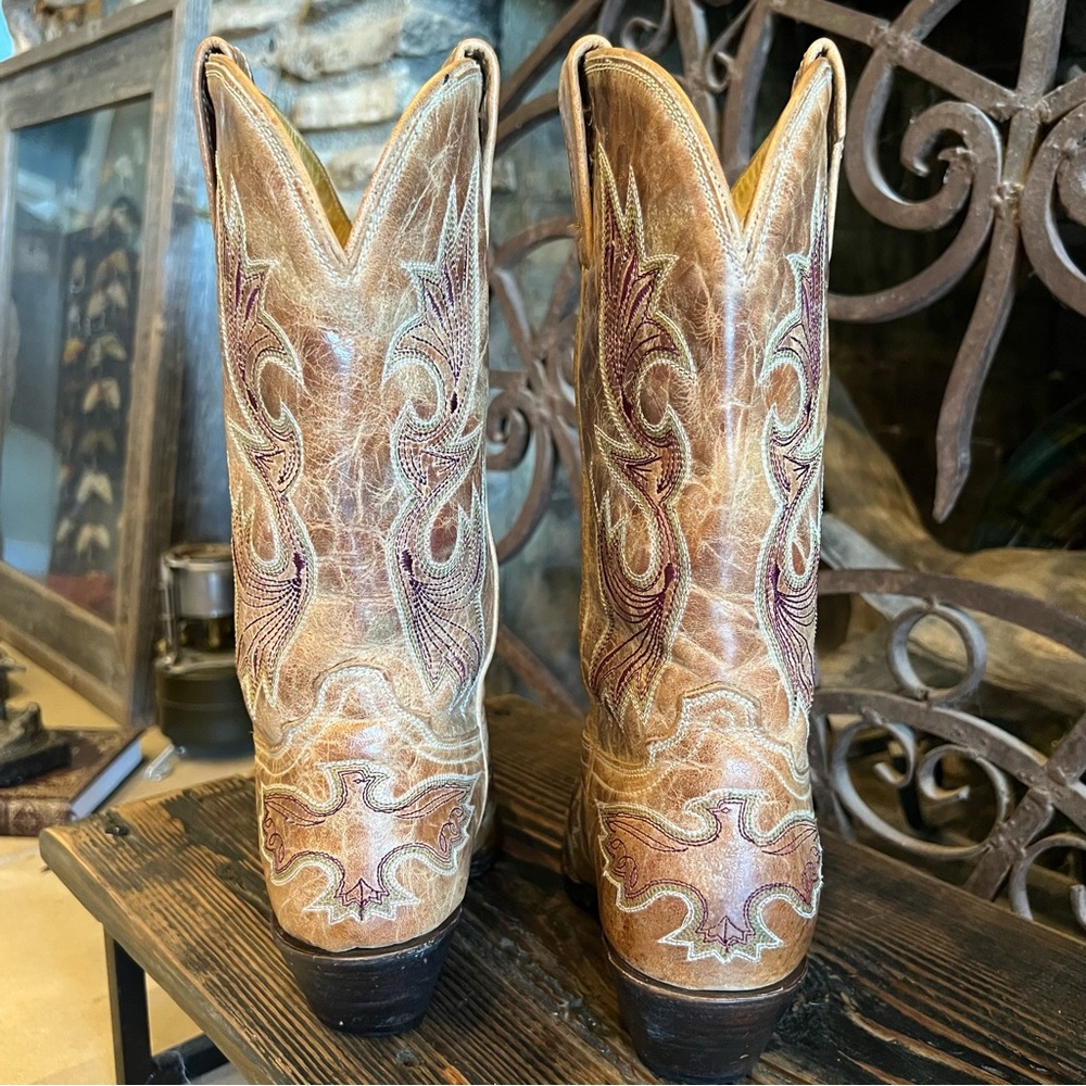 RARE Vintage Corral  Eagle Cognac Tan Burgundy/olive detail Cowboy Boots 8.5M - Picture 3 of 15